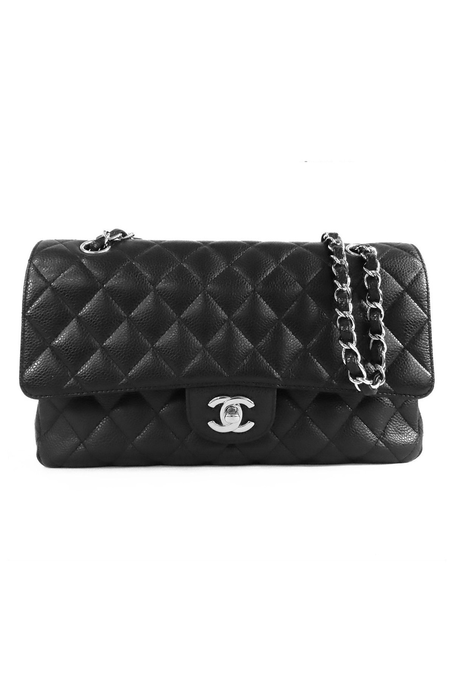 Chanel Classic Black Silver Caviar Leather Quilted 25 Double Flap Bag Chain
